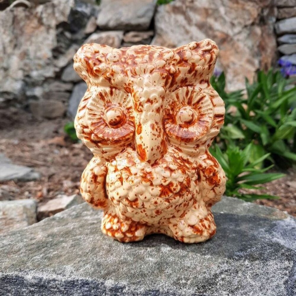 Vintage Speckled White Orange Enameled Owl Bank/Piggy-Bank